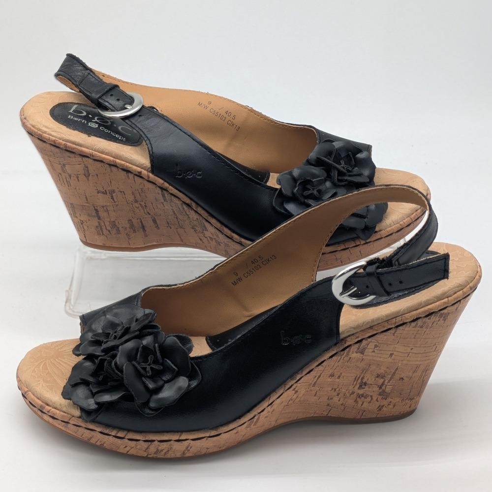 b.o.c. Born Concept Women 9 Black Leather Floral Cork Wedge Slingback Sandals